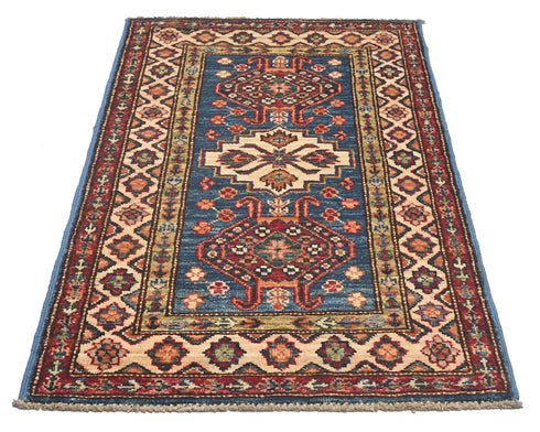 2x3 Blue Kazak Afghan Hand Knotted Wool Area Rug